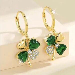 Green Clover Rhinestone Huggie Hoop Earrings St Patricks Day Shamrock